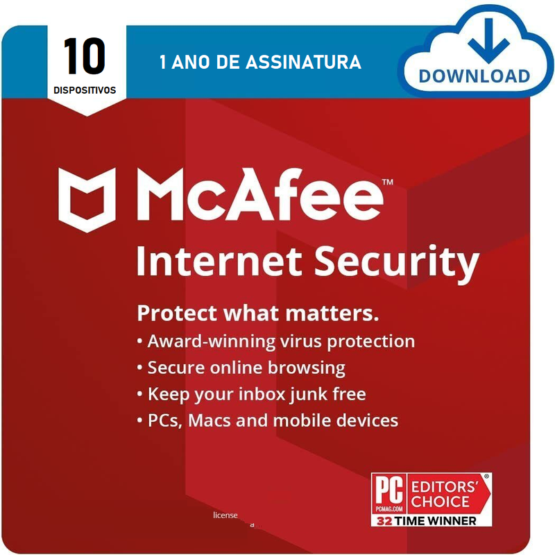 Antivírus McAfee Internet Security 10 dispositivos, 1 ano, Mac ou Windows